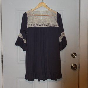 LIMITED SALE: Umgee Purple Babydoll Dress with Lace Collar / Bell Sleeves Size S